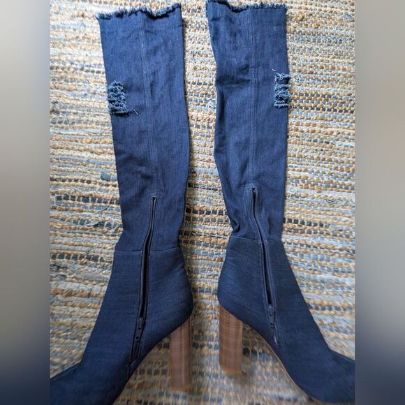 Denim Over The Knee Boots 9 Pointed Toe Distressed Tall Heels Y2K Wood Block Hee - Picture 4 of 10